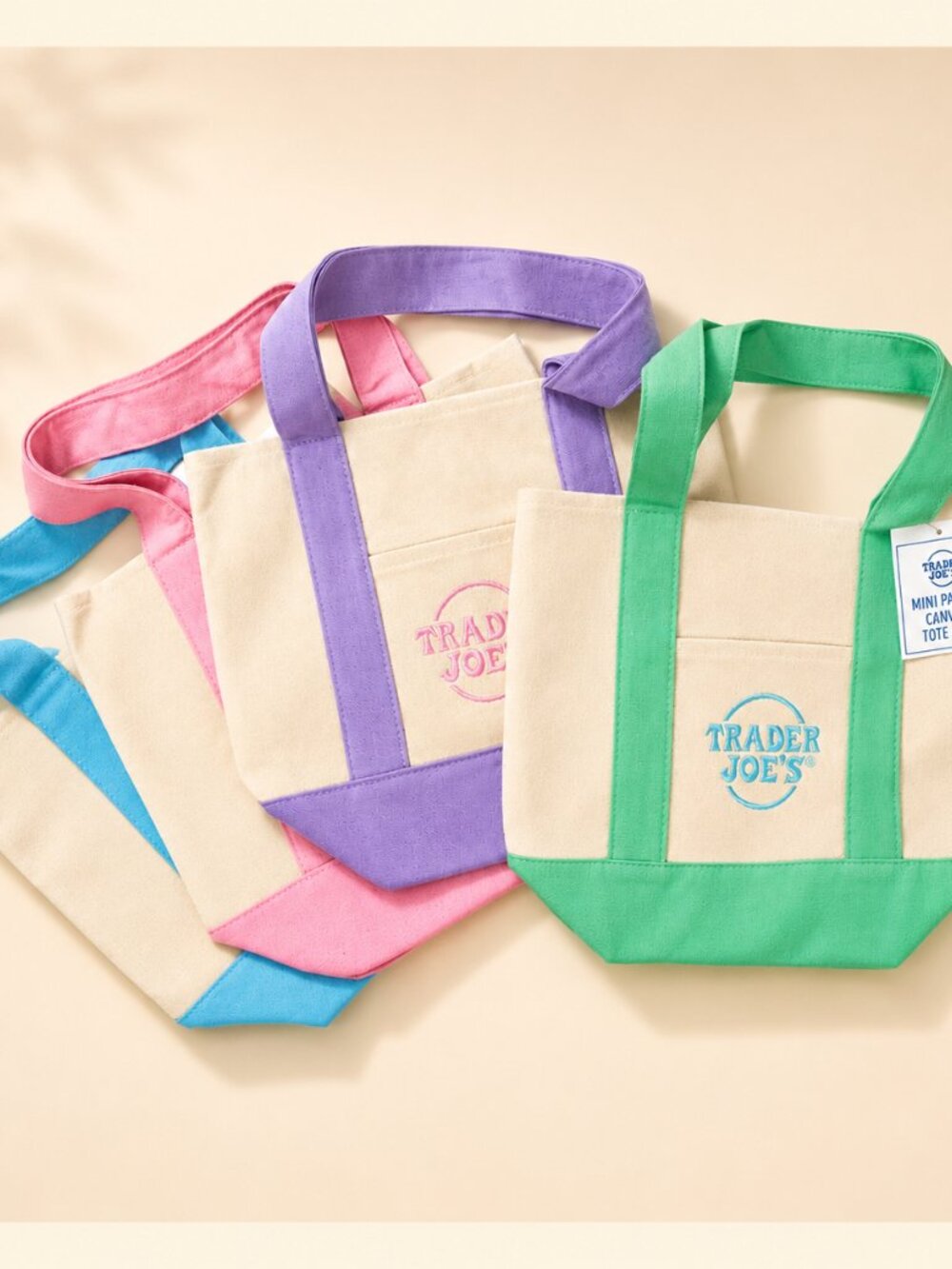 Trader Joe's Mini Pastel Canvas Tote Bag Set of 4 Pink Blue Green Lavender NWT - Picture 3 of 5